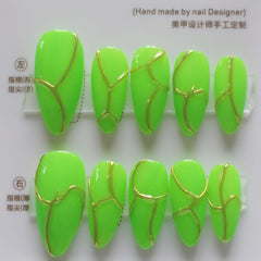 Vibeficant Progel Hailey Bieber Green Handmade Gel Press on Nails Medium Almond Gold Swirl Design