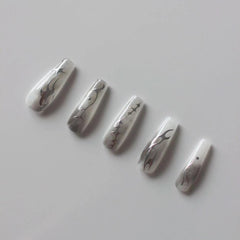 Vibeficant Progel Gray Halo Dyeing Handmade Gel Press on Nails Long Coffin Silver Sickle Design