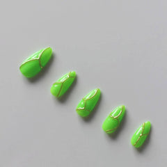 Vibeficant Progel Hailey Bieber Green Handmade Gel Press on Nails Medium Almond Gold Swirl Design
