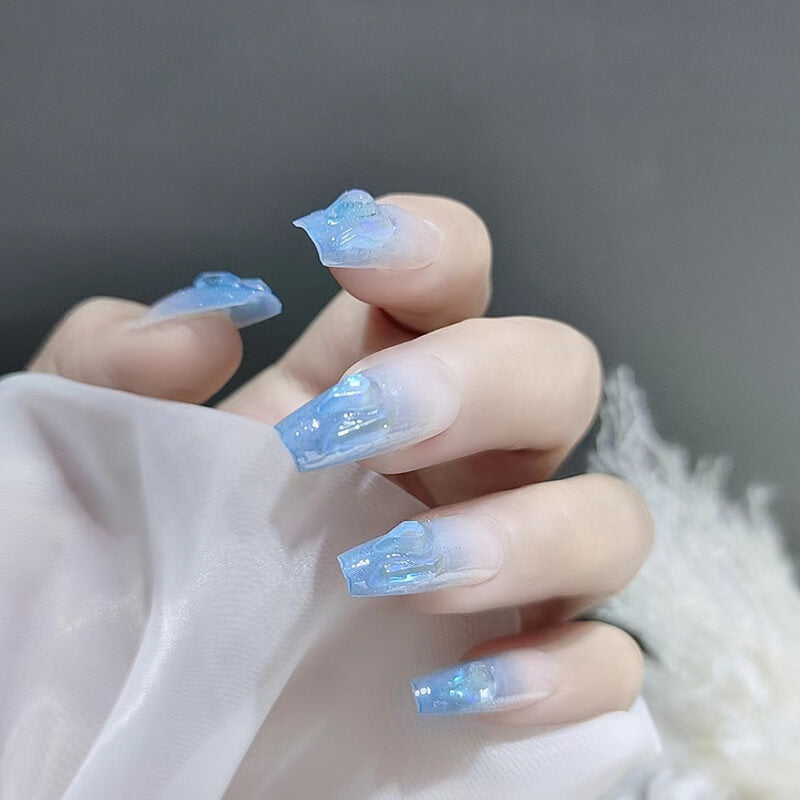 Viibeficant Glaze Blue Ombre Press on Nails Medium Coffin French Tip with Glitter