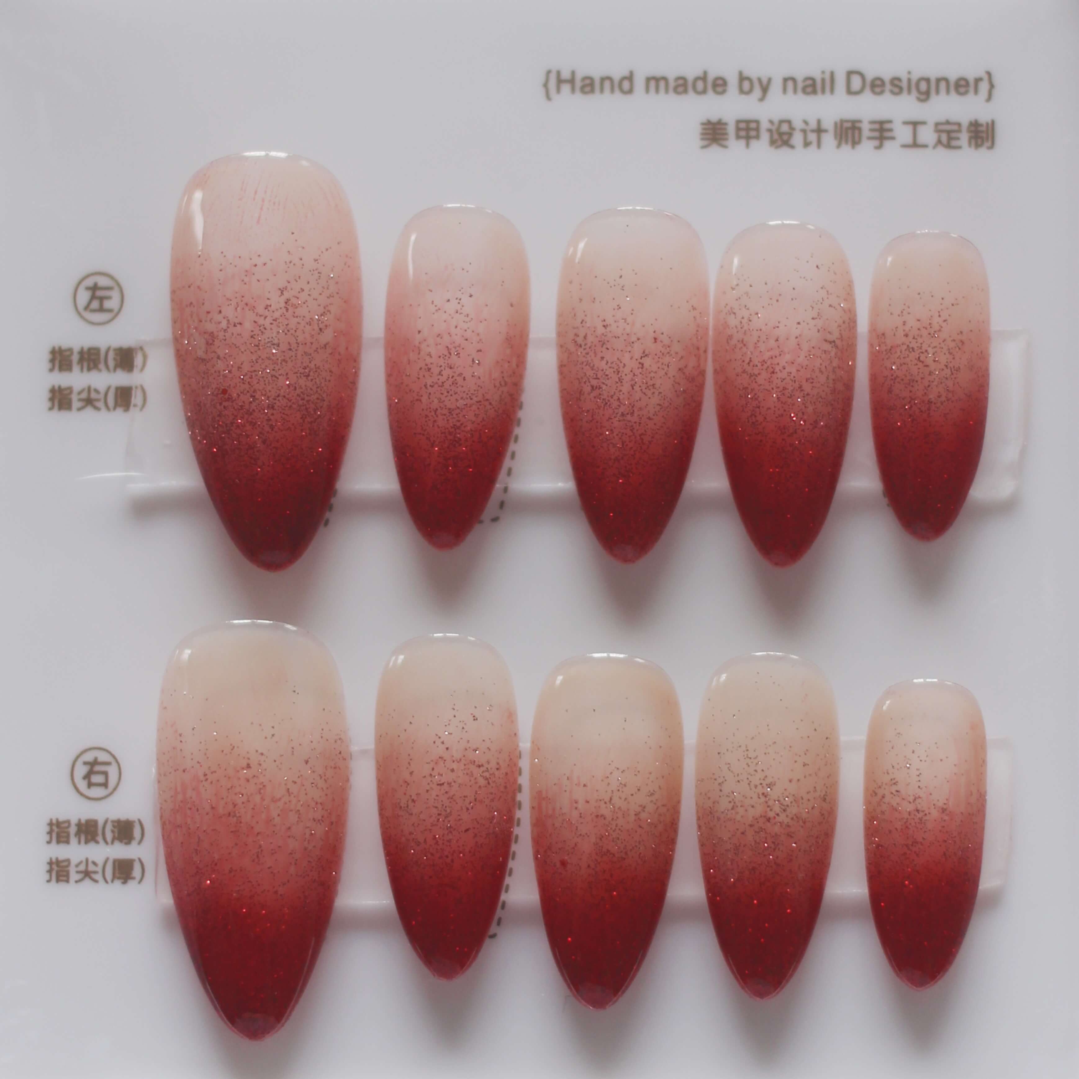 Vibeficant Progel Red Ombre Handmade Gel Press on Nails Medium Almond Glitter Design