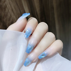 Viibeficant Glaze Blue Ombre Press on Nails Medium Coffin French Tip with Glitter