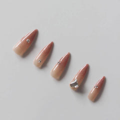 Vibeficant Progel Glitter Nude Ombre Handmade Gel Press on Nails Long Stiletto 3D Heart Design