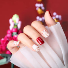 Vibeficant FlexFit Red Press on Nails Short Squoval French Tip with Pearl Design