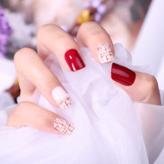 Vibeficant FlexFit Red Press on Nails Short Squoval French Tip with Pearl Design