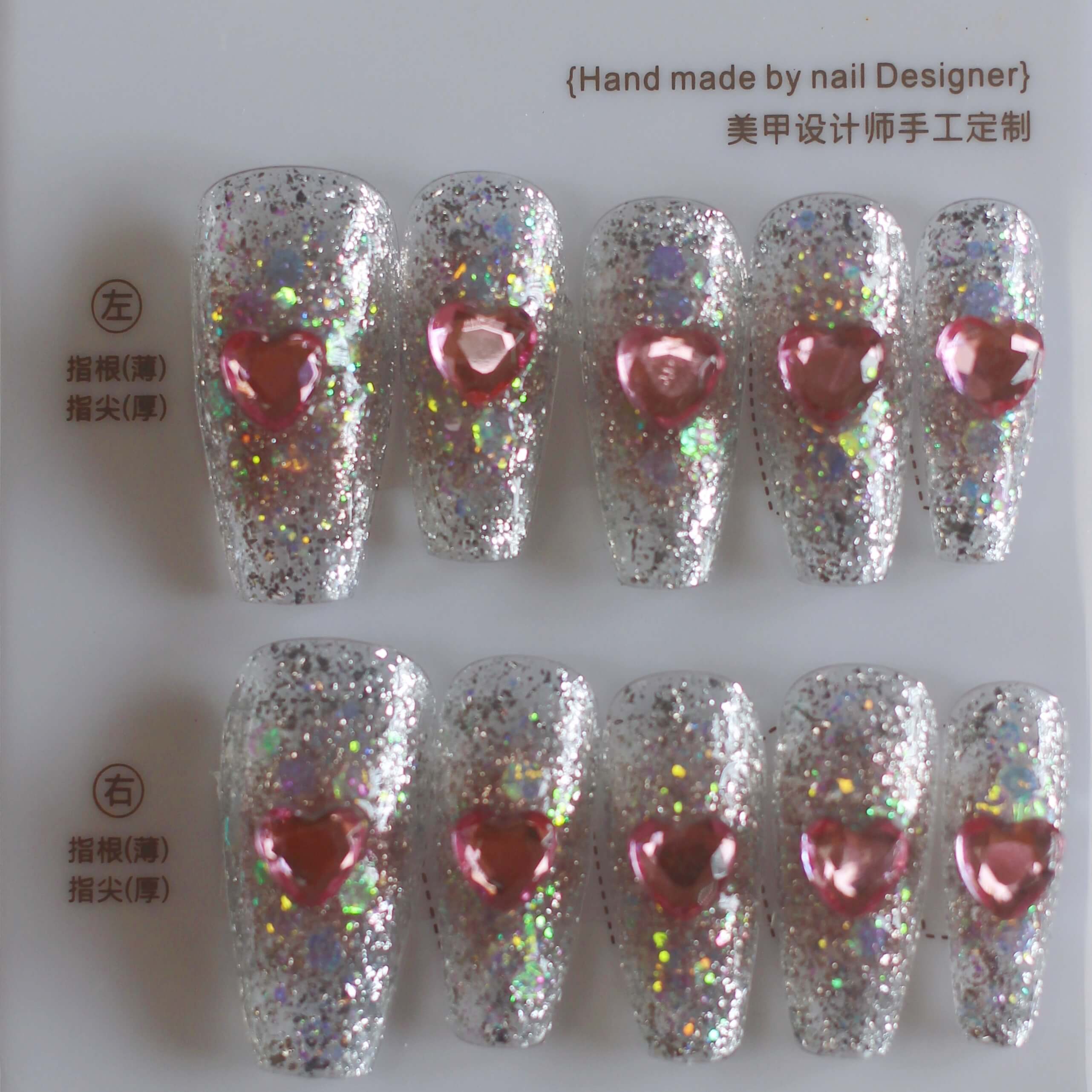 Bling Handmade Gel Press on Nails Medium Coffin 3D Pink Heart Glitter Design