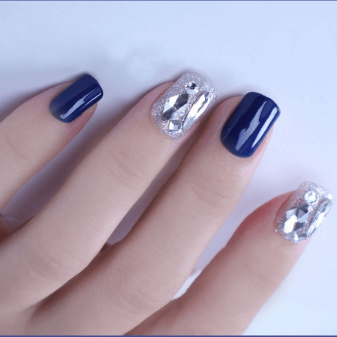Vibeficant FlexFit Blue Press on Nails Short Squoval Glitter with Rhinestone Design