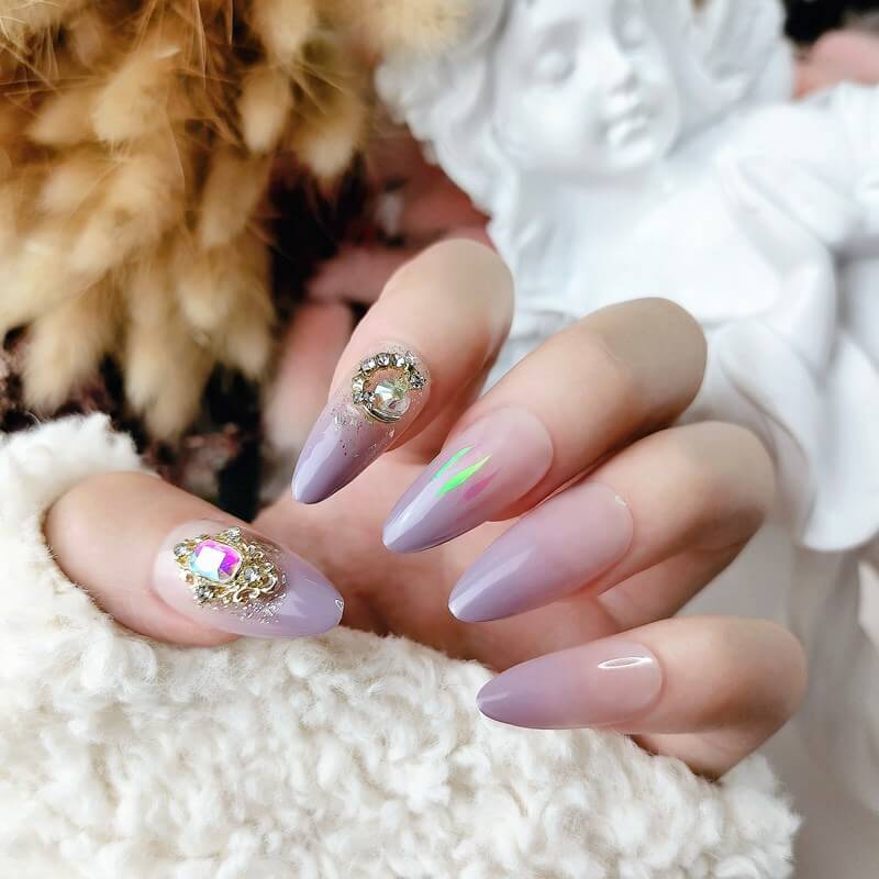 Vibeficant Glaze Purple Ombre Press on Nails Medium Almond 3D Gold Sailor Moon