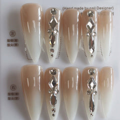 Vibeficant Progel Nude Ombre Handmade Gel Press on Nails Long Stiletto Rhinestone Design