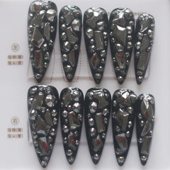 Vibeficant Progel Black Handmade Gel Press on Nails Long Stiletto Rhinestone Design