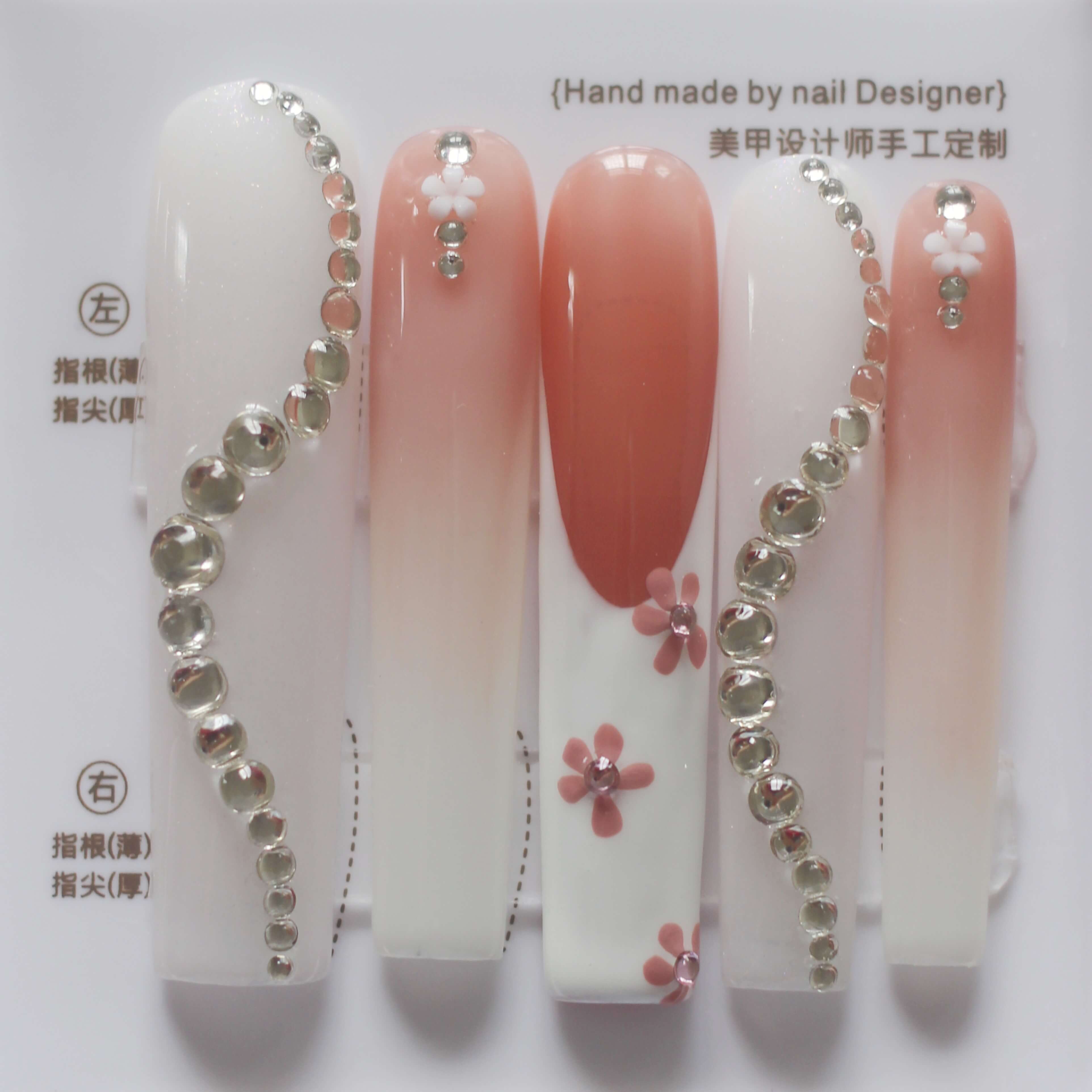 Vibeficant Progel Pink Ombre Handmade Gel Press on Nails Extra Long Coffin Rhinestone with Flower 