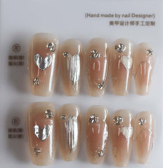 Vibeficant Progel Nude Ombre Handmade Gel Press on Nails Medium Coffin Silver Heart 