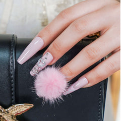 Vibeficant Glaze Pink Glitter Press on Nails Long Coffin Heart Rhinestone Design