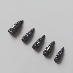 Vibeficant Progel Black Handmade Gel Press on Nails Long Stiletto Rhinestone Design