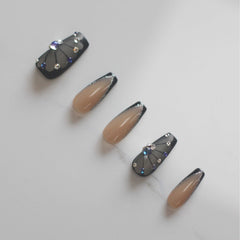 Vibeficant Progel French Glitter Handmade Gel Press on Nails Medium Coffin Rhinestone Design
