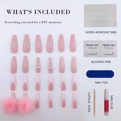 Vibeficant Glaze Pink Glitter Press on Nails Long Coffin Heart Rhinestone Design