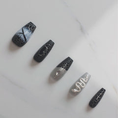 Vibeficant Progel Glitter Handmade Gel Press on Nails Medium Coffin Silver 3D Snake 