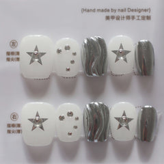Vibeficant Progel Glitter Handmade Gel Press on Nails Short Coffin Silver Star Design