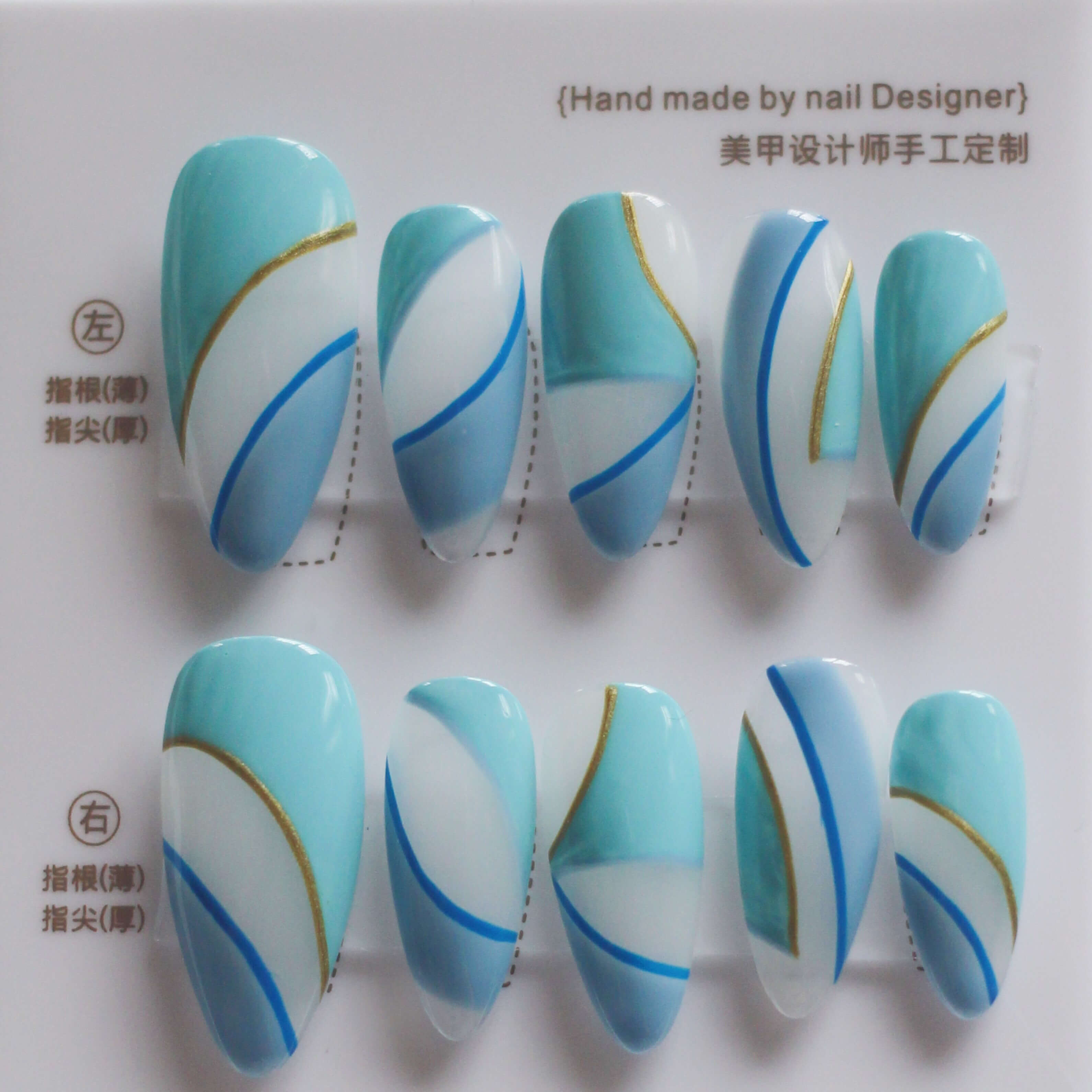 Vibeficant Progel Blue French Tip Handmade Gel Press on Nails Medium Almond Swirl Design