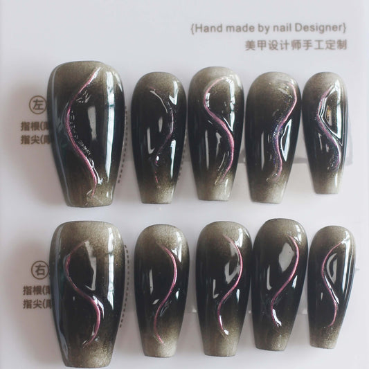 Vibeficant ProGel Black Ombre Press on Nails Medium Coffin Swirl Design 2402