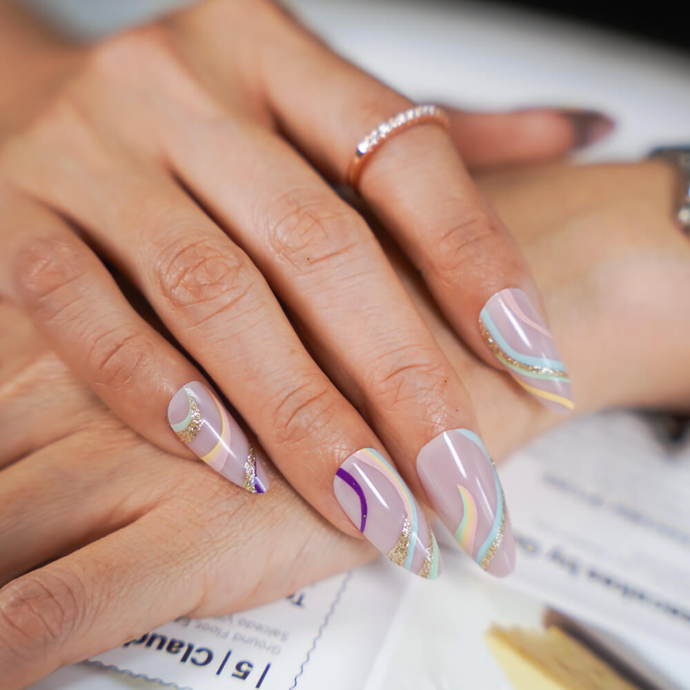 Vibeficant Glaze Purple Press on Nails Medium Almond Swirl with Glitter Design