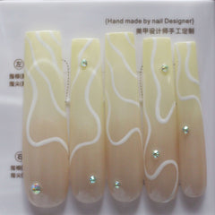 Vibeficant Progel Yellow Ombre Handmade Gel Press on Nails Extra Long Coffin Swirl with Rhinestone Design