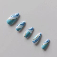 Vibeficant Progel Blue French Tip Handmade Gel Press on Nails Medium Almond Swirl Design