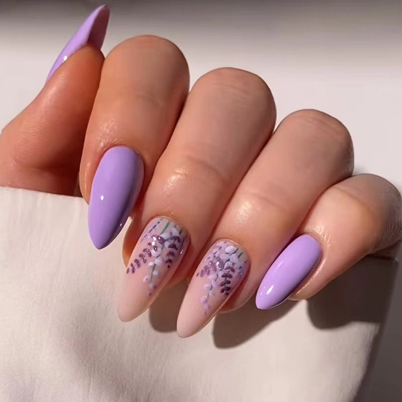 Purple Lavender Floral  Medium Almond Stick On Nails