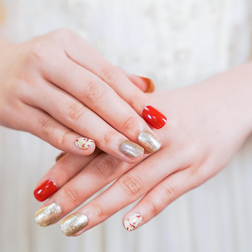  Red & Gold Glitter Press on Nails Short Squoval Cute Floral Design False Nail