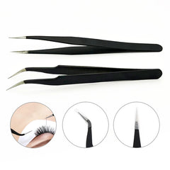 Stainless Steel Straight and Curved Black Eyelashes Tweezers for False Eyelash Extension Tweezers Fiber Tip Makeup Tools