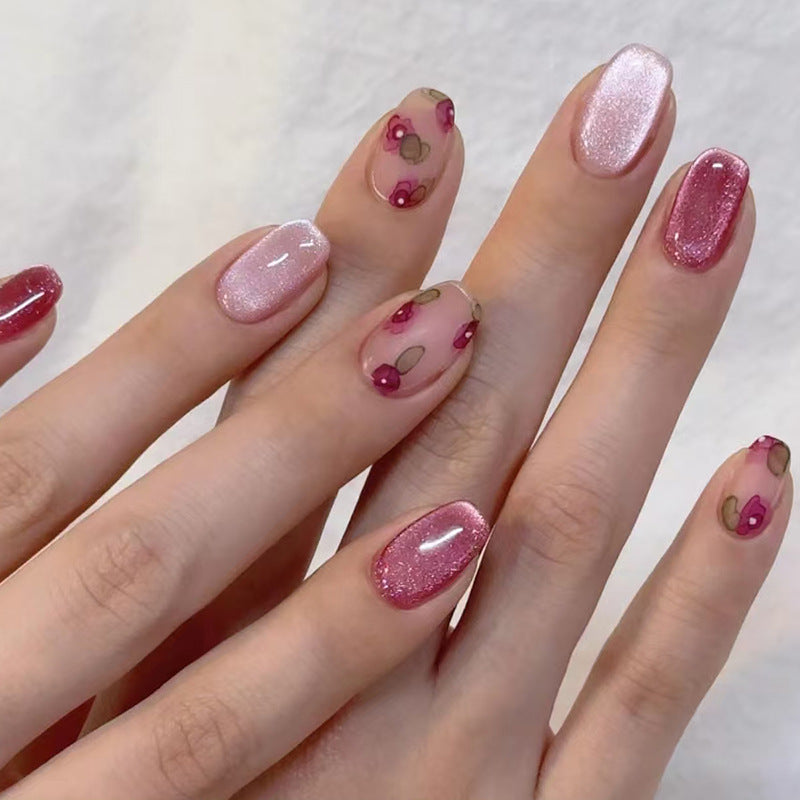 Short Coffin Pink Cat Eye Floral  Press on Nails 
