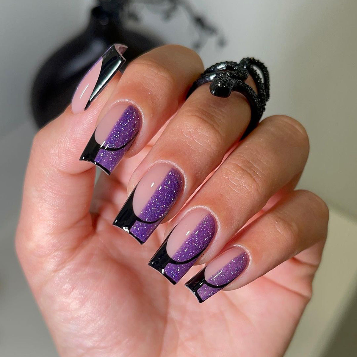 Violet Purple and Black Geometric Medium Square Press-On Nails