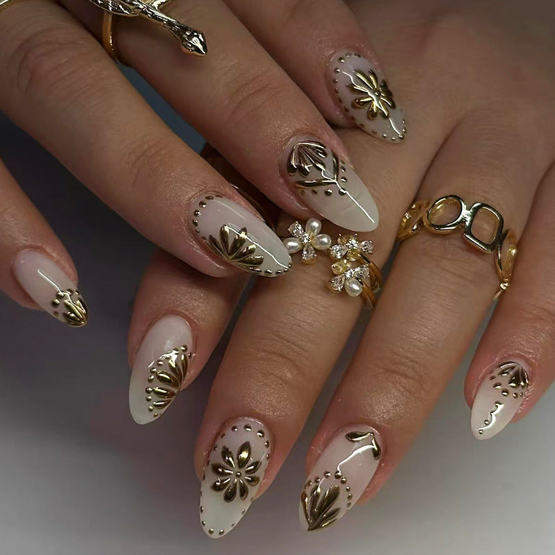 White Embossed Metallic Gold Medium Almond  Press on Nails